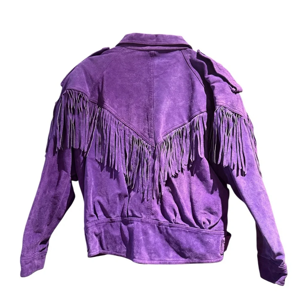 Vintage 80s Purple Leather Suede Fringe Jacket Western Biker Cropped Moto Belted - Picture 2 of 2